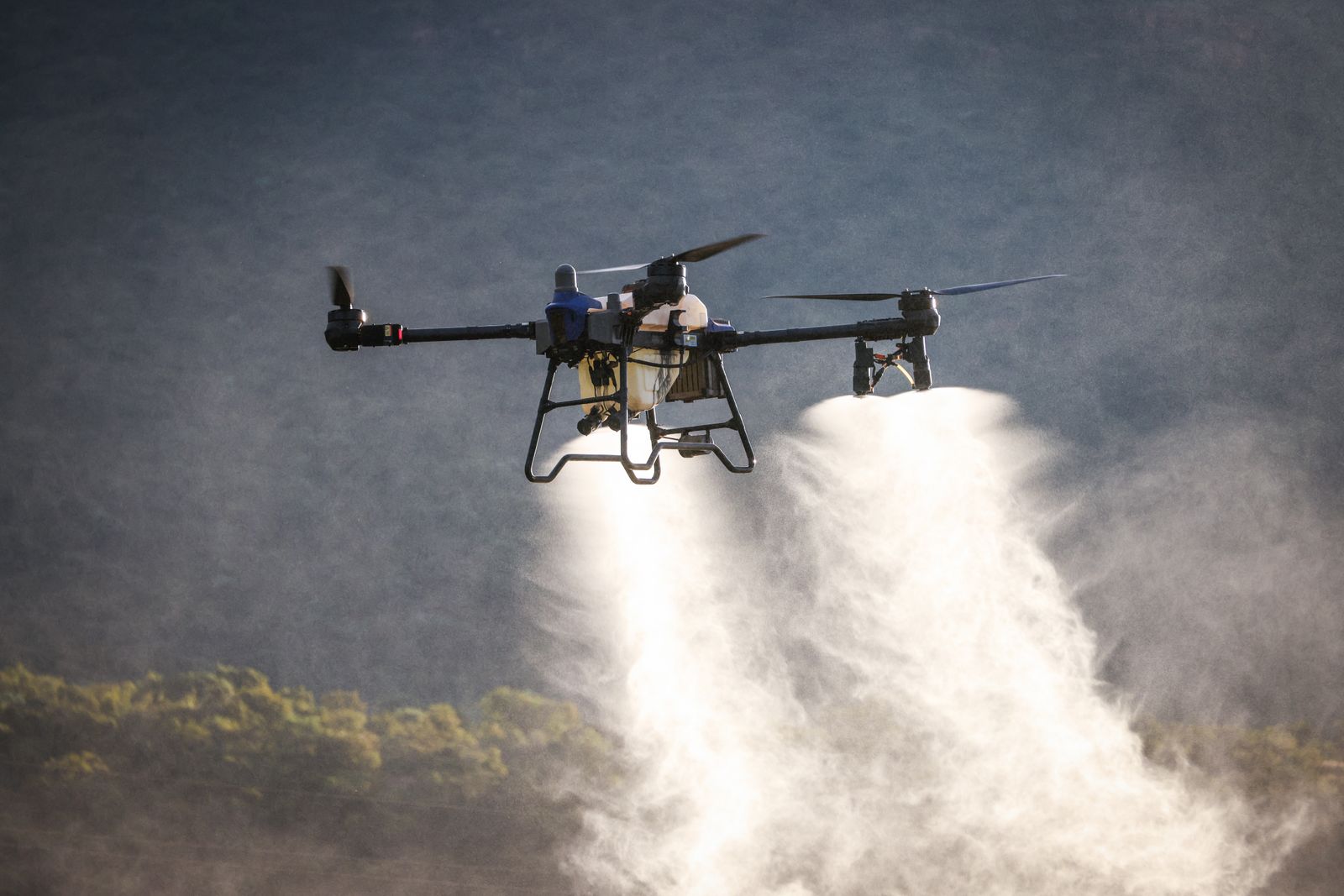 Agricultural spraying drone applying treatment over a rice field