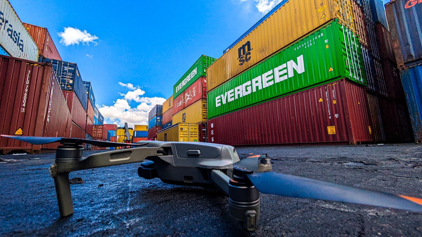 Drone logistics at a shipping container yard