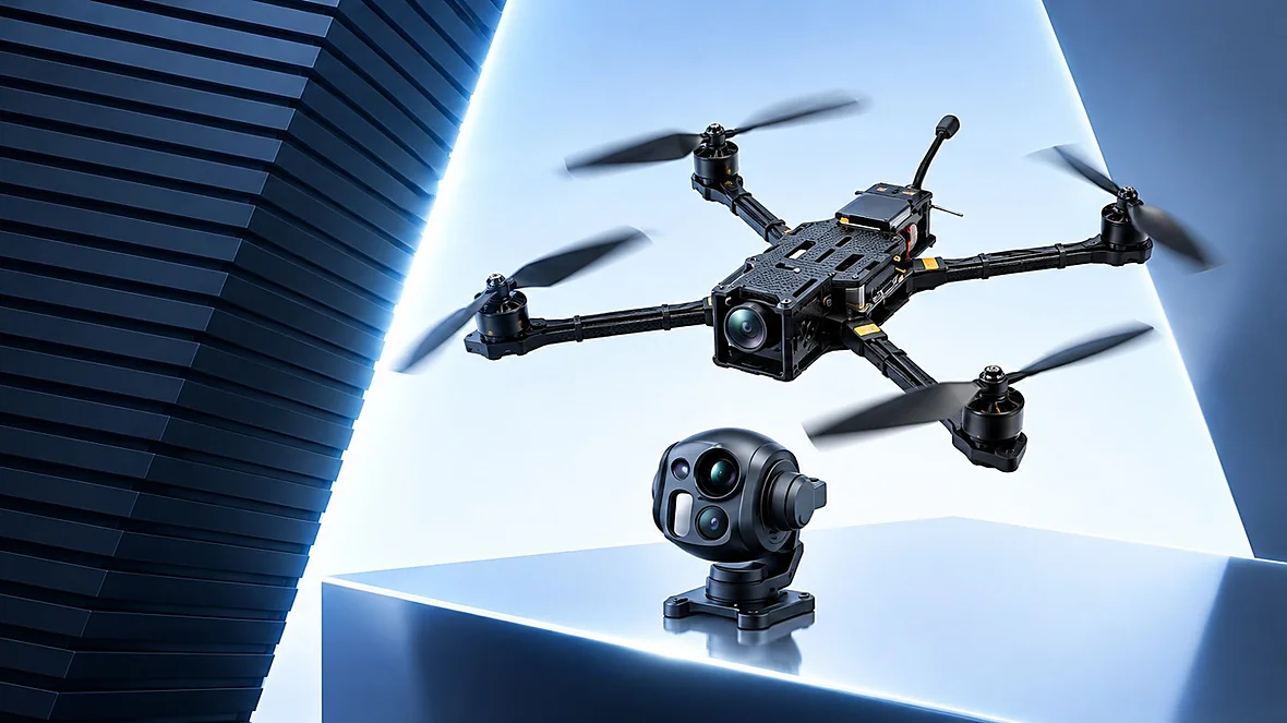 درون FPV بهيكل من ألياف الكربون في وضع الثبات، وأمامه جيمبال ثلاثي الاستشعار على الطاولة